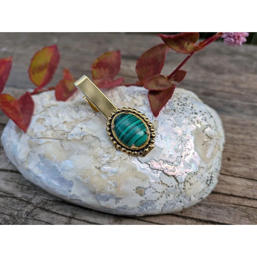 Vintage Malachite Cabachon Tie Bar, Mens Dressware Accessories